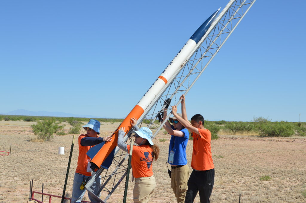 University of Virginia Rocketry Team raising Sabre 1 for launch at the Spaceport America Cup 2024 competition.